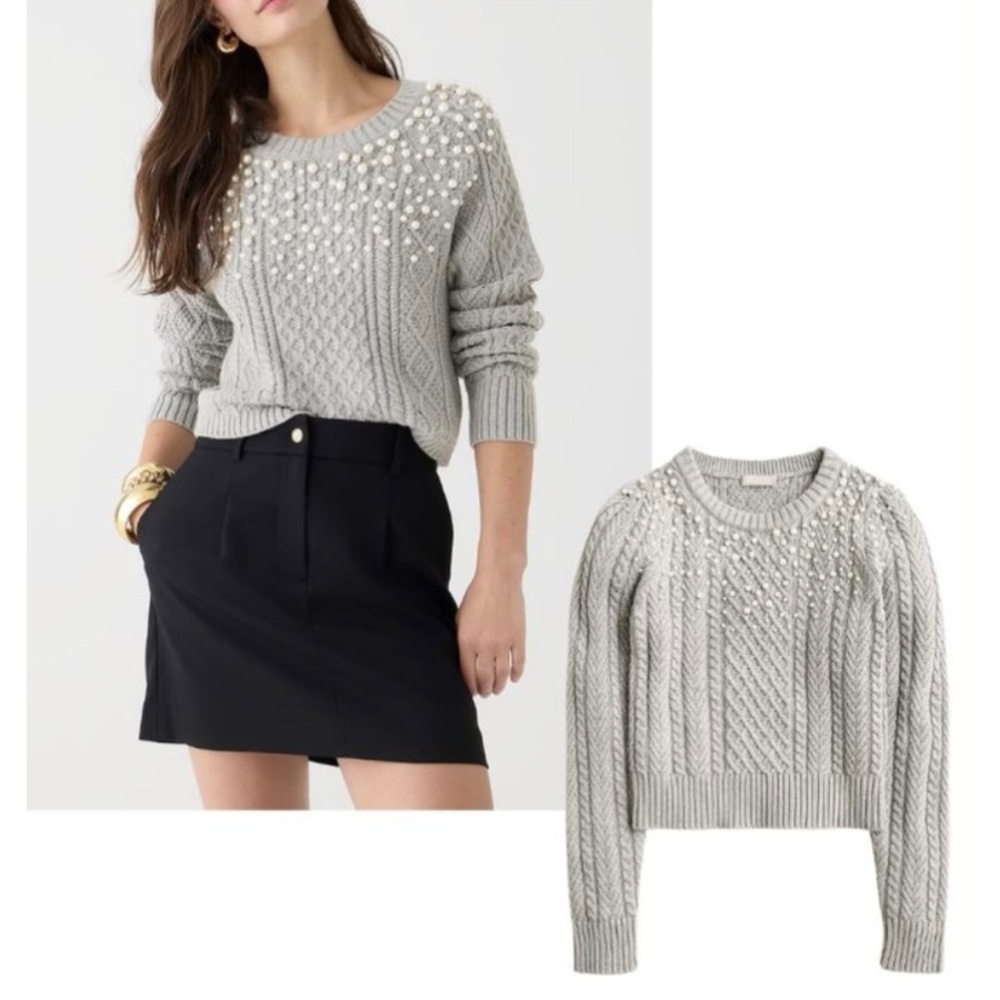 J. Crew Pearl Embellished Cotton Cable-Knit Sweater in Heather Graphite Size XS